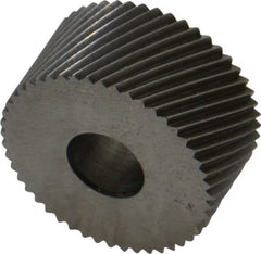 Made in USA - 3/4" Diam, 80° Tooth Angle, Standard (Shape), Form Type High Speed Steel Right-Hand Diagonal Knurl Wheel - 3/8" Face Width, 1/4" Hole, 64 Diametral Pitch, 30° Helix, Bright Finish, Series KP - Exact Tooling