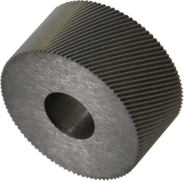 Made in USA - 3/4" Diam, 80° Tooth Angle, Standard (Shape), Form Type High Speed Steel Right-Hand Diagonal Knurl Wheel - 3/8" Face Width, 1/4" Hole, 128 Diametral Pitch, 30° Helix, Bright Finish, Series KP - Exact Tooling