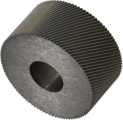 Made in USA - 3/4" Diam, 80° Tooth Angle, Standard (Shape), Form Type High Speed Steel Right-Hand Diagonal Knurl Wheel - 3/8" Face Width, 1/4" Hole, 128 Diametral Pitch, 30° Helix, Bright Finish, Series KP - Exact Tooling