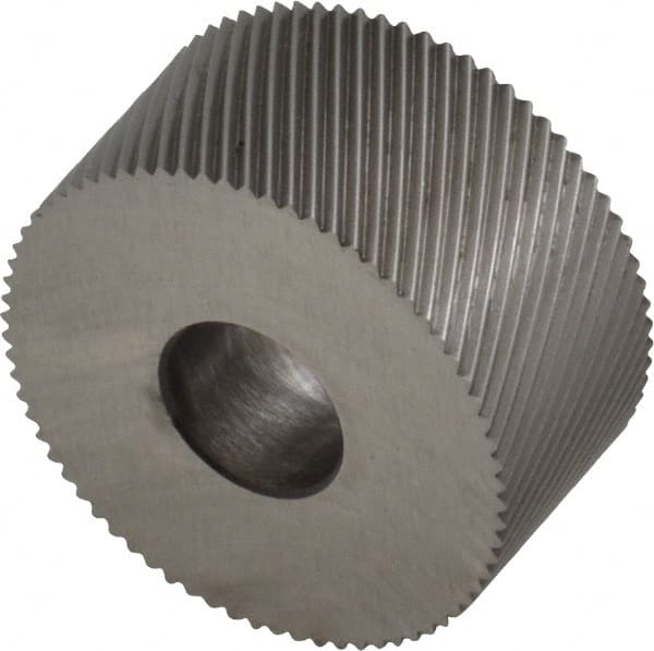 Made in USA - 3/4" Diam, 80° Tooth Angle, Standard (Shape), Form Type High Speed Steel Left-Hand Diagonal Knurl Wheel - 3/8" Face Width, 1/4" Hole, 96 Diametral Pitch, 30° Helix, Bright Finish, Series KP - Exact Tooling