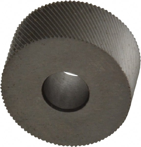 Made in USA - 3/4" Diam, 80° Tooth Angle, Standard (Shape), Form Type High Speed Steel Left-Hand Diagonal Knurl Wheel - 3/8" Face Width, 1/4" Hole, 128 Diametral Pitch, 30° Helix, Bright Finish, Series KP - Exact Tooling