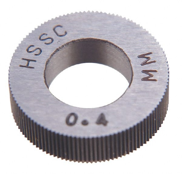 Made in USA - 21.5mm Diam, 90° Tooth Angle, 16 TPI, Standard (Shape), Cut Type Cobalt Left-Hand Diagonal Knurl Wheel - 5mm Face Width, 8mm Hole, Circular Pitch, 30° Helix, Bright Finish, Series CC - Exact Tooling