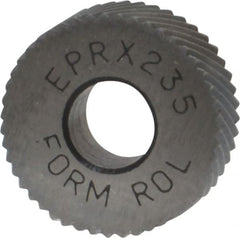 Made in USA - 1/2" Diam, 90° Tooth Angle, 35 TPI, Standard (Shape), Form Type Cobalt Right-Hand Diagonal Knurl Wheel - 3/16" Face Width, 3/16" Hole, Circular Pitch, 30° Helix, Bright Finish, Series EP - Exact Tooling