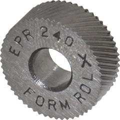 Made in USA - 1/2" Diam, 90° Tooth Angle, 40 TPI, Standard (Shape), Form Type Cobalt Right-Hand Diagonal Knurl Wheel - 3/16" Face Width, 3/16" Hole, Circular Pitch, 30° Helix, Bright Finish, Series EP - Exact Tooling