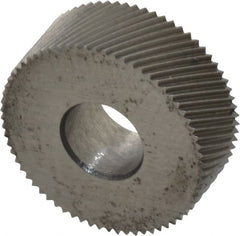 Made in USA - 1/2" Diam, 70° Tooth Angle, 50 TPI, Standard (Shape), Form Type Cobalt Right-Hand Diagonal Knurl Wheel - 3/16" Face Width, 3/16" Hole, Circular Pitch, 30° Helix, Bright Finish, Series EP - Exact Tooling
