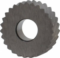 Made in USA - 1/2" Diam, 90° Tooth Angle, 20 TPI, Standard (Shape), Form Type Cobalt Left-Hand Diagonal Knurl Wheel - 3/16" Face Width, 3/16" Hole, Circular Pitch, 30° Helix, Bright Finish, Series EP - Exact Tooling