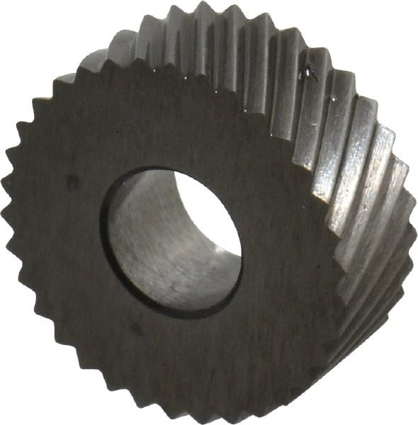 Made in USA - 1/2" Diam, 90° Tooth Angle, 25 TPI, Standard (Shape), Form Type Cobalt Left-Hand Diagonal Knurl Wheel - 3/16" Face Width, 3/16" Hole, Circular Pitch, 30° Helix, Bright Finish, Series EP - Exact Tooling
