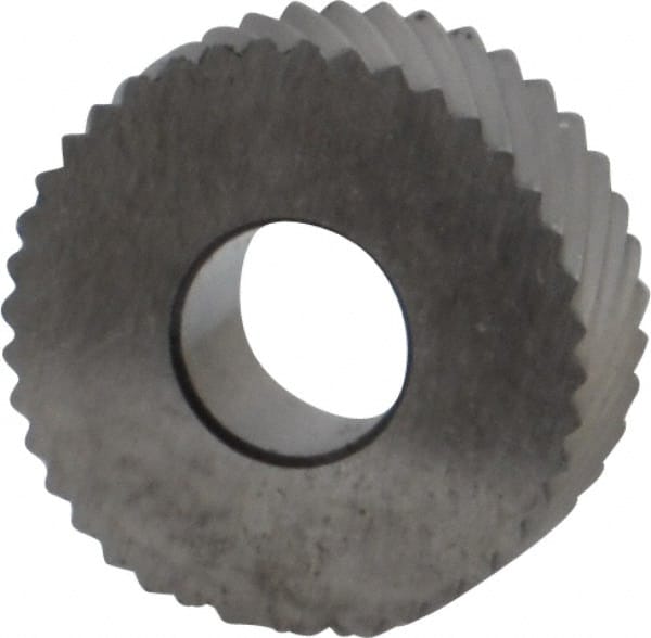 Made in USA - 1/2" Diam, 90° Tooth Angle, 30 TPI, Standard (Shape), Form Type Cobalt Left-Hand Diagonal Knurl Wheel - 3/16" Face Width, 3/16" Hole, Circular Pitch, 30° Helix, Bright Finish, Series EP - Exact Tooling