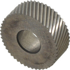 Made in USA - 1/2" Diam, 90° Tooth Angle, 35 TPI, Standard (Shape), Form Type Cobalt Left-Hand Diagonal Knurl Wheel - 3/16" Face Width, 3/16" Hole, Circular Pitch, 30° Helix, Bright Finish, Series EP - Exact Tooling