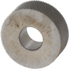 Made in USA - 1/2" Diam, 70° Tooth Angle, 80 TPI, Standard (Shape), Form Type Cobalt Left-Hand Diagonal Knurl Wheel - 3/16" Face Width, 3/16" Hole, Circular Pitch, 30° Helix, Bright Finish, Series EP - Exact Tooling