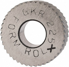 Made in USA - 5/8" Diam, 90° Tooth Angle, 35 TPI, Standard (Shape), Form Type Cobalt Right-Hand Diagonal Knurl Wheel - 1/4" Face Width, 1/4" Hole, Circular Pitch, 30° Helix, Bright Finish, Series GK - Exact Tooling
