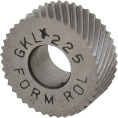 Made in USA - 5/8" Diam, 90° Tooth Angle, 25 TPI, Standard (Shape), Form Type Cobalt Left-Hand Diagonal Knurl Wheel - 1/4" Face Width, 1/4" Hole, Circular Pitch, 30° Helix, Bright Finish, Series GK - Exact Tooling