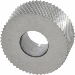 Made in USA - 5/8" Diam, 90° Tooth Angle, 35 TPI, Standard (Shape), Form Type Cobalt Left-Hand Diagonal Knurl Wheel - 1/4" Face Width, 1/4" Hole, Circular Pitch, 30° Helix, Bright Finish, Series GK - Exact Tooling