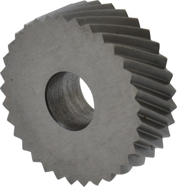 Made in USA - 3/4" Diam, 90° Tooth Angle, 16 TPI, Standard (Shape), Form Type Cobalt Right-Hand Diagonal Knurl Wheel - 1/4" Face Width, 1/4" Hole, Circular Pitch, 30° Helix, Bright Finish, Series KN - Exact Tooling
