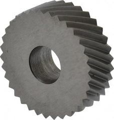 Made in USA - 3/4" Diam, 90° Tooth Angle, 16 TPI, Standard (Shape), Form Type Cobalt Right-Hand Diagonal Knurl Wheel - 1/4" Face Width, 1/4" Hole, Circular Pitch, 30° Helix, Bright Finish, Series KN - Exact Tooling