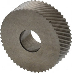 Made in USA - 3/4" Diam, 90° Tooth Angle, 25 TPI, Standard (Shape), Form Type Cobalt Right-Hand Diagonal Knurl Wheel - 1/4" Face Width, 1/4" Hole, Circular Pitch, 30° Helix, Bright Finish, Series KN - Exact Tooling
