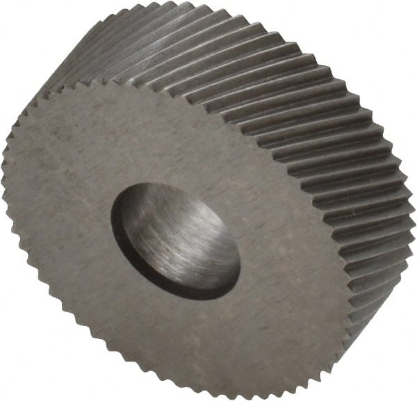 Made in USA - 3/4" Diam, 90° Tooth Angle, 30 TPI, Standard (Shape), Form Type Cobalt Right-Hand Diagonal Knurl Wheel - 1/4" Face Width, 1/4" Hole, Circular Pitch, 30° Helix, Bright Finish, Series KN - Exact Tooling