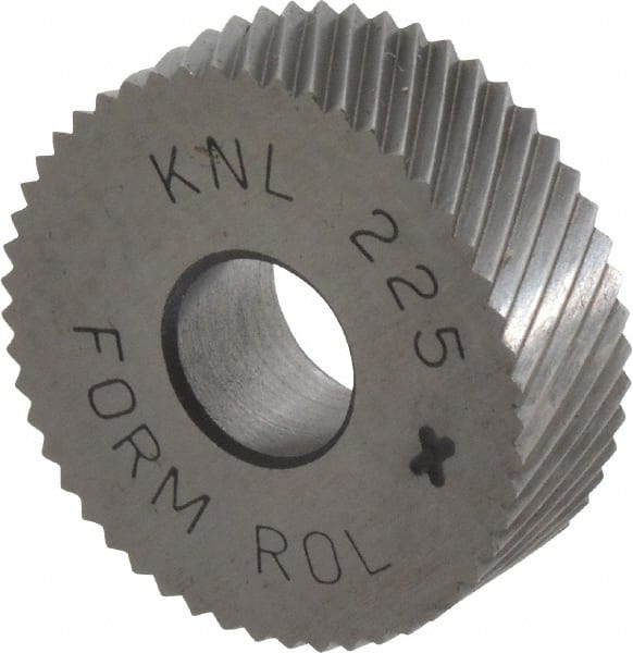 Made in USA - 3/4" Diam, 90° Tooth Angle, 25 TPI, Standard (Shape), Form Type Cobalt Left-Hand Diagonal Knurl Wheel - 1/4" Face Width, 1/4" Hole, Circular Pitch, 30° Helix, Bright Finish, Series KN - Exact Tooling