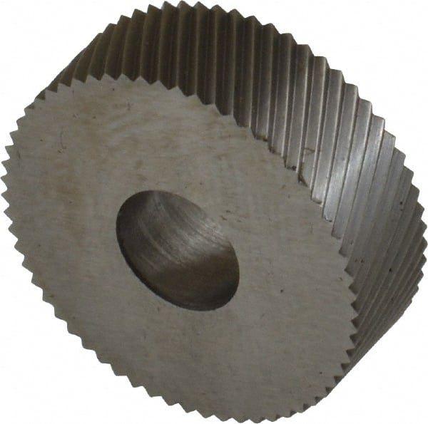 Made in USA - 3/4" Diam, 90° Tooth Angle, 30 TPI, Standard (Shape), Form Type Cobalt Left-Hand Diagonal Knurl Wheel - 1/4" Face Width, 1/4" Hole, Circular Pitch, 30° Helix, Bright Finish, Series KN - Exact Tooling