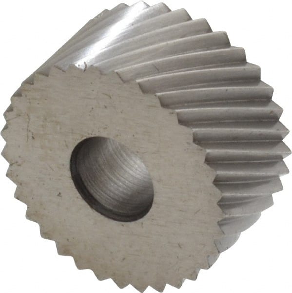 Made in USA - 3/4" Diam, 90° Tooth Angle, 16 TPI, Standard (Shape), Form Type Cobalt Right-Hand Diagonal Knurl Wheel - 3/8" Face Width, 1/4" Hole, Circular Pitch, 30° Helix, Bright Finish, Series KP - Exact Tooling