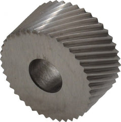 Made in USA - 3/4" Diam, 90° Tooth Angle, 20 TPI, Standard (Shape), Form Type Cobalt Right-Hand Diagonal Knurl Wheel - 3/8" Face Width, 1/4" Hole, Circular Pitch, 30° Helix, Bright Finish, Series KP - Exact Tooling