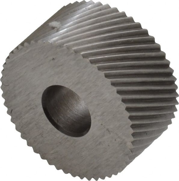 Made in USA - 3/4" Diam, 90° Tooth Angle, 25 TPI, Standard (Shape), Form Type Cobalt Right-Hand Diagonal Knurl Wheel - 3/8" Face Width, 1/4" Hole, Circular Pitch, 30° Helix, Bright Finish, Series KP - Exact Tooling