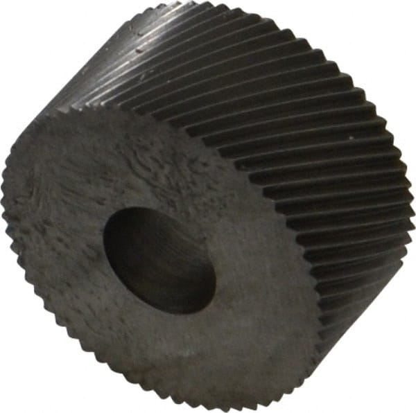 Made in USA - 3/4" Diam, 90° Tooth Angle, 30 TPI, Standard (Shape), Form Type Cobalt Right-Hand Diagonal Knurl Wheel - 3/8" Face Width, 1/4" Hole, Circular Pitch, 30° Helix, Bright Finish, Series KP - Exact Tooling