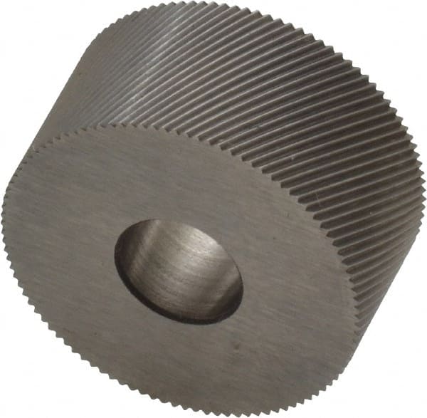 Made in USA - 3/4" Diam, 70° Tooth Angle, 50 TPI, Standard (Shape), Form Type Cobalt Right-Hand Diagonal Knurl Wheel - 3/8" Face Width, 1/4" Hole, Circular Pitch, 30° Helix, Bright Finish, Series KP - Exact Tooling