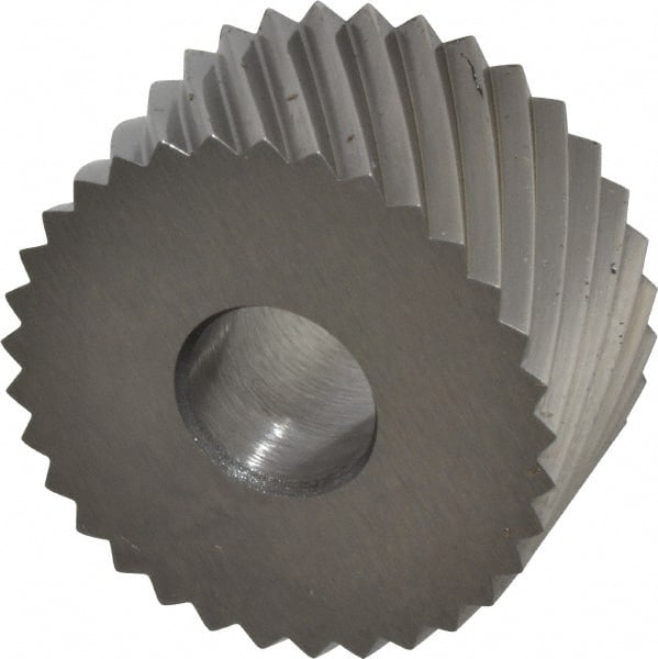 Made in USA - 3/4" Diam, 90° Tooth Angle, 16 TPI, Standard (Shape), Form Type Cobalt Left-Hand Diagonal Knurl Wheel - 3/8" Face Width, 1/4" Hole, Circular Pitch, 30° Helix, Bright Finish, Series KP - Exact Tooling