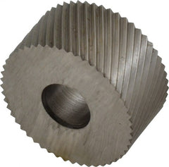 Made in USA - 3/4" Diam, 90° Tooth Angle, 25 TPI, Standard (Shape), Form Type Cobalt Left-Hand Diagonal Knurl Wheel - 3/8" Face Width, 1/4" Hole, Circular Pitch, 30° Helix, Bright Finish, Series KP - Exact Tooling