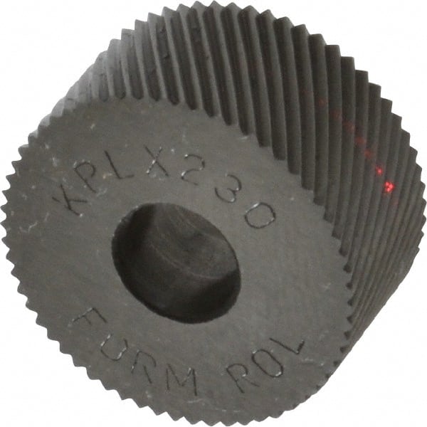 Made in USA - 3/4" Diam, 90° Tooth Angle, 30 TPI, Standard (Shape), Form Type Cobalt Left-Hand Diagonal Knurl Wheel - 3/8" Face Width, 1/4" Hole, Circular Pitch, 30° Helix, Bright Finish, Series KP - Exact Tooling