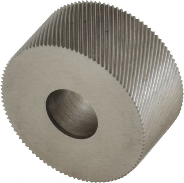 Made in USA - 3/4" Diam, 70° Tooth Angle, 50 TPI, Standard (Shape), Form Type Cobalt Left-Hand Diagonal Knurl Wheel - 3/8" Face Width, 1/4" Hole, Circular Pitch, 30° Helix, Bright Finish, Series KP - Exact Tooling