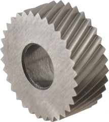 Made in USA - 1/2" Diam, 80° Tooth Angle, Standard (Shape), Form Type Cobalt Left-Hand Diagonal Knurl Wheel - 3/16" Face Width, 3/16" Hole, 64 Diametral Pitch, 30° Helix, Bright Finish, Series EP - Exact Tooling