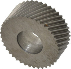 Made in USA - 5/8" Diam, 80° Tooth Angle, Standard (Shape), Form Type Cobalt Right-Hand Diagonal Knurl Wheel - 1/4" Face Width, 1/4" Hole, 64 Diametral Pitch, 30° Helix, Bright Finish, Series GK - Exact Tooling