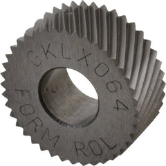 Made in USA - 5/8" Diam, 80° Tooth Angle, Standard (Shape), Form Type Cobalt Left-Hand Diagonal Knurl Wheel - 1/4" Face Width, 1/4" Hole, 64 Diametral Pitch, 30° Helix, Bright Finish, Series GK - Exact Tooling