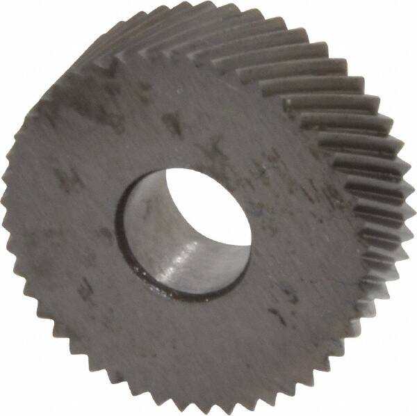 Made in USA - 3/4" Diam, 80° Tooth Angle, Standard (Shape), Form Type Cobalt Right-Hand Diagonal Knurl Wheel - 1/4" Face Width, 1/4" Hole, 64 Diametral Pitch, 30° Helix, Bright Finish, Series KN - Exact Tooling