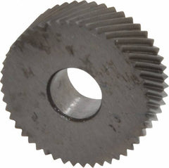 Made in USA - 3/4" Diam, 80° Tooth Angle, Standard (Shape), Form Type Cobalt Right-Hand Diagonal Knurl Wheel - 1/4" Face Width, 1/4" Hole, 64 Diametral Pitch, 30° Helix, Bright Finish, Series KN - Exact Tooling