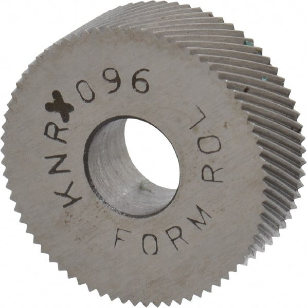 Made in USA - 3/4" Diam, 80° Tooth Angle, Standard (Shape), Form Type Cobalt Right-Hand Diagonal Knurl Wheel - 1/4" Face Width, 1/4" Hole, 96 Diametral Pitch, 30° Helix, Bright Finish, Series KN - Exact Tooling