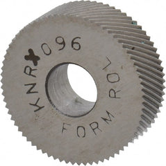 Made in USA - 3/4" Diam, 80° Tooth Angle, Standard (Shape), Form Type Cobalt Right-Hand Diagonal Knurl Wheel - 1/4" Face Width, 1/4" Hole, 96 Diametral Pitch, 30° Helix, Bright Finish, Series KN - Exact Tooling