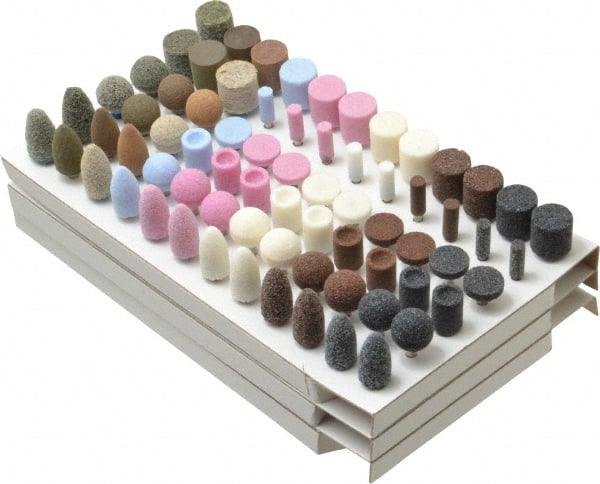 Grier Abrasives - 72 Piece Aluminum Oxide Vitrified Mounted Stone Abrasive Point Set - Includes Shapes B & W, Coarse, Medium & Fine Grade, 1/8" Diam x 1-1/2" Long Shank - Exact Tooling