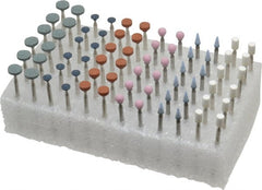 Grier Abrasives - 72 Piece Aluminum Oxide Vitrified Mounted Stone Abrasive Point Set - Fine Grade, 3/32" Diam x 1-1/2" Long Shank - Exact Tooling