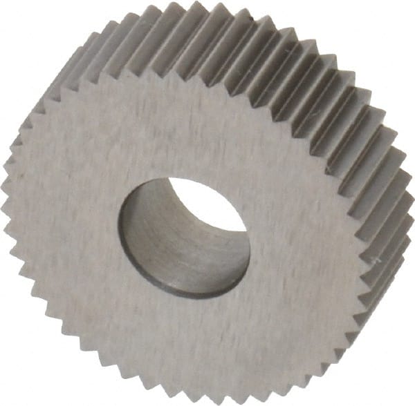 Made in USA - 3/4" Diam, 80° Tooth Angle, Standard (Shape), Form Type Cobalt Straight Knurl Wheel - 1/4" Face Width, 1/4" Hole, 64 Diametral Pitch, Bright Finish, Series KN - Exact Tooling