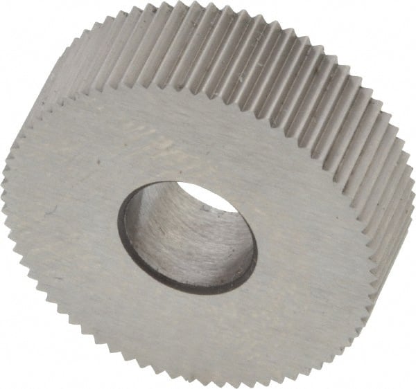 Made in USA - 3/4" Diam, 80° Tooth Angle, Standard (Shape), Form Type Cobalt Straight Knurl Wheel - 1/4" Face Width, 1/4" Hole, 96 Diametral Pitch, Bright Finish, Series KN - Exact Tooling
