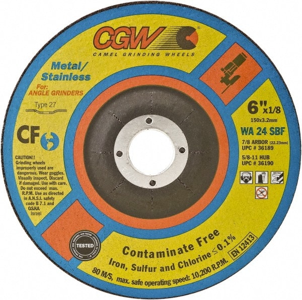 Camel Grinding Wheels - 24 Grit, 6" Wheel Diam, 1/8" Wheel Thickness, Type 27 Depressed Center Wheel - Coarse Grade, Aluminum Oxide, Resinoid Bond, 10,200 Max RPM - Exact Tooling