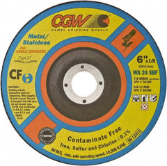 Camel Grinding Wheels - 24 Grit, 6" Wheel Diam, 1/8" Wheel Thickness, 7/8" Arbor Hole, Type 27 Depressed Center Wheel - Coarse Grade, Aluminum Oxide, Resinoid Bond, 10,200 Max RPM - Exact Tooling