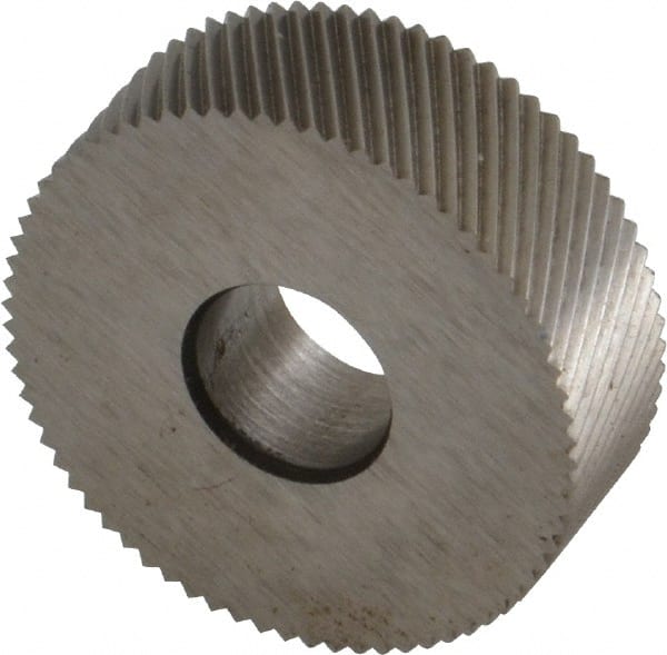 Made in USA - 3/4" Diam, 80° Tooth Angle, Standard (Shape), Form Type Cobalt Left-Hand Diagonal Knurl Wheel - 1/4" Face Width, 1/4" Hole, 96 Diametral Pitch, 30° Helix, Bright Finish, Series KN - Exact Tooling