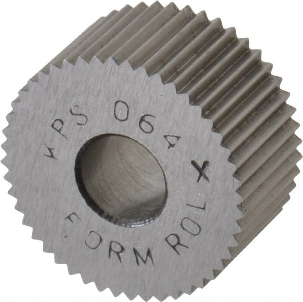 Made in USA - 3/4" Diam, 80° Tooth Angle, Standard (Shape), Form Type Cobalt Straight Knurl Wheel - 3/8" Face Width, 1/4" Hole, 64 Diametral Pitch, Bright Finish, Series KP - Exact Tooling