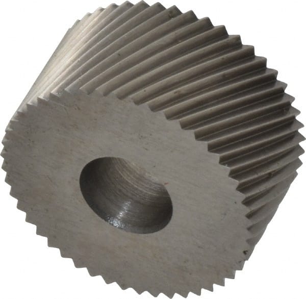 Made in USA - 3/4" Diam, 80° Tooth Angle, Standard (Shape), Form Type Cobalt Right-Hand Diagonal Knurl Wheel - 3/8" Face Width, 1/4" Hole, 64 Diametral Pitch, 30° Helix, Bright Finish, Series KP - Exact Tooling