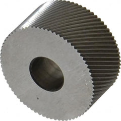Made in USA - 3/4" Diam, 80° Tooth Angle, Standard (Shape), Form Type Cobalt Right-Hand Diagonal Knurl Wheel - 3/8" Face Width, 1/4" Hole, 96 Diametral Pitch, 30° Helix, Bright Finish, Series KP - Exact Tooling