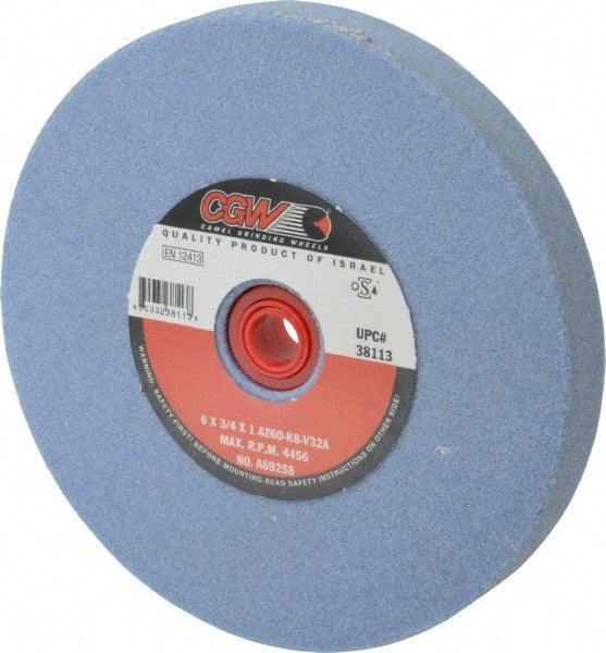 Camel Grinding Wheels - 60 Grit Aluminum Oxide Bench & Pedestal Grinding Wheel - 6" Diam x 1" Hole x 3/4" Thick, 4456 Max RPM, K Hardness, Medium Grade , Vitrified Bond - Exact Tooling